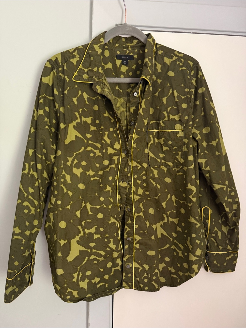 J. Crew Olive Green Floral-Print Shirt Jacket with Yellow Piping
